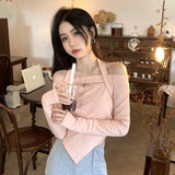 Kukombo Pink One-Shoulder Halter Bellyband Tops Women Autumn New Slim Long Sleeve Irregular Crop Top T-Shirt Female Aesthetic Clothes