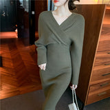 Christmas Gift Elegant V-neck Bodycon Knitted Dress for Women Autumn Winter Full Sleeve Slim Waist Female Sweaters Vestidos Fashion A-Line Robe