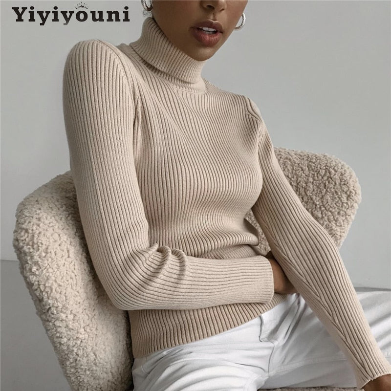 Christmas Gift Yiyiyouni Casual Turtleneck Ribbed Knitted Sweaters Women Long Sleeve Solid Pullover Women 2021 Autumn Winter Slim Korean Jumper