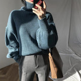 Hirsionsan Chic Sweater Women Lazy Oversized Winter Vertical Bar Jumper Knit Thicken Solid Color Pullover Tops Warm Casual Tops