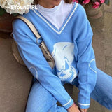 Christmas Gift HEYounGIRL  Autumn Winter Print V Neck Knitted Jumpers Casual Long Sleeve Harajuku Sweater Women Streetwear Pullover Female 2021