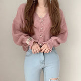 Kukombo Women Sweater V-Neck Pink Cardigan Puff Sleeve Hollow Out Knitted Solid Clothes Fall Fashion New Korean Style Top