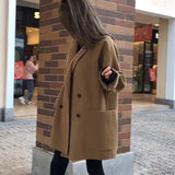 Christmas Gift Women Woolen Double Breasted Long Trend Coat Za Autumn Winter Casual Long Sleeve Overcoat Loose Vintage Fashion Outwear Jacket