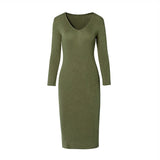Christmas Gift Yiyiyouni Autumn V-Neck Knitted Bodycon Dress Women Knee-Length Wrapped Sheath Long Sweater Dress Female Solid Vestido Feminino