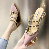 Kukombo 2022 Women Sexy Pointed Toe Heels Slippers Summer Women's Rivets Square Heel Sandals Female Pu Leather Party Work Dress Shoes
