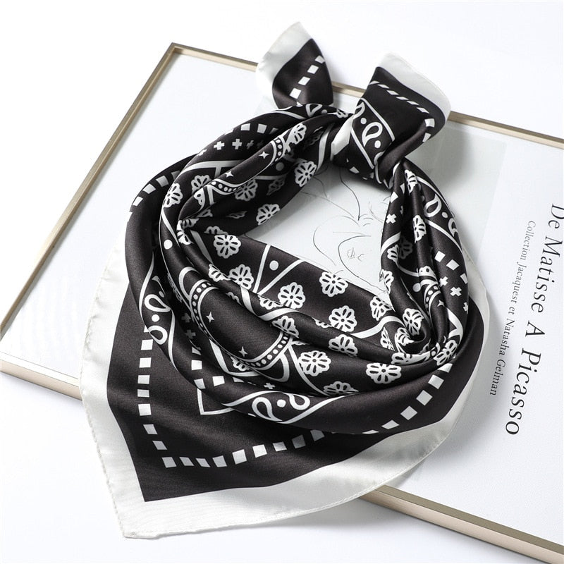 Kukombo New Silk Scarf Square for Women 70x70cm Small Neck Scarves Lady Shawl Fashion Print Hijab Brand Designer High Quality Scarfs