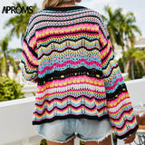 Christmas Gift Aproms Multi Color Blocked Knitted Pullover Women Summer Casual Flare Sleeve Hollow Out Sweater Cool Girls Fashion Jumper 2021