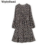Christmas Gift Yiyiyouni Bohemian Floral Elastic Waist Dress Women Spring Long Sleeve Chiffon Ruffle Mini Dress Women Reched Party Dress Female