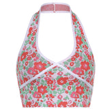 Christmas Gift HEYounGIRL V Neck Sleeveless Knitted Crop Top Women Backless Halter Tanks Camis Top Summer Fashion Floral Print Camisole 90s