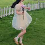 Kukombo Kawaii Sweet Dress Women Korean Style Cute Princess Bow Lace-up Dress Bubble Sleeve Casual Holiday Party Dress 2022 New