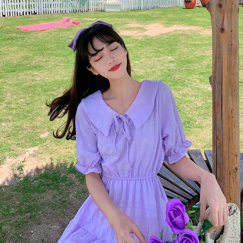 Kukombo Short Puff Sleeve Dress Women Peter Pan Collar Calf-Length Elegant Solid Pleated Korean Sweet Girls Female Stylish Purple Chic