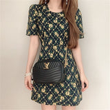 Christmas Gift Fashion High Quality Floral Print Woman Dress O Neck High Waist Casual Korean Style Dresses For Women Short Sleeve Slim Vestido