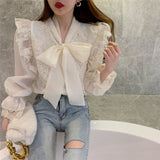 Kukombo Back to school outfit Women Shirt 2023 Spring Autumn French Retro Palace Style Temperament Ladies Sweet Bowknot Tie Flared Sleeve Lace Blouse