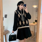 Kukombo Preppy Style Autumn Dress Sets Women New Argyle V-Neck Knitted Vest + Long Sleeve Tie Dress Female Korean Loose One-Piece Suits