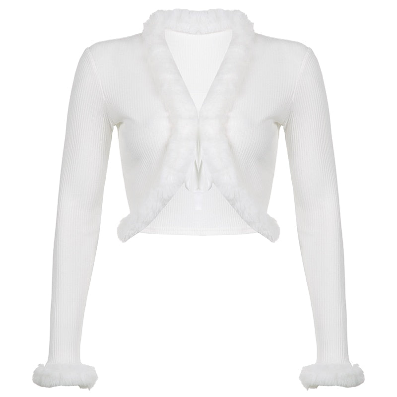 Kukombo Ribbed Split Lace Up White Long Sleeve Cropped Tshirt Top Autumn Sexy Casual V Neck Tee Shirt Women Feather Fashion K07