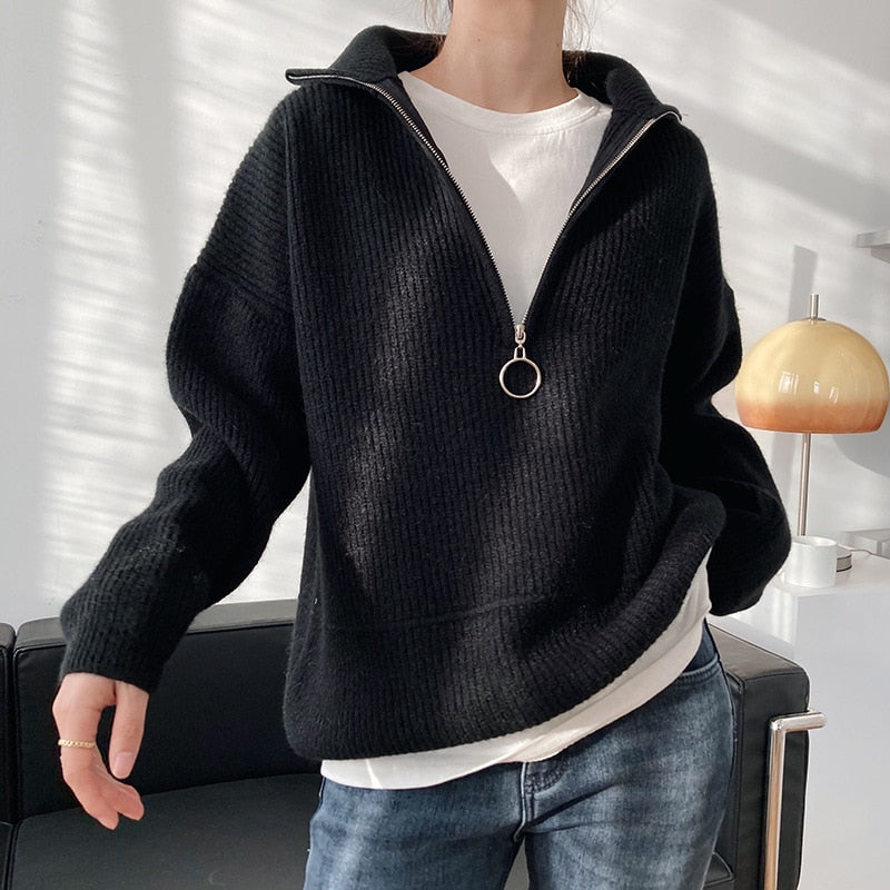 Christmas Gift Hirsionsan Zipper Turn-down Collar Autumn Sweaters Women Cashmere Soft Loose Solid Female Knited Pullovers 2021new Thick Jumper