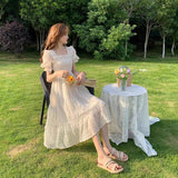 Christmas Gift 2022 Summer Floral Design Sweet Dress Short Sleeve Chiffon Elegant Dress Korean Style Square Collar Party Dress for Female Dot