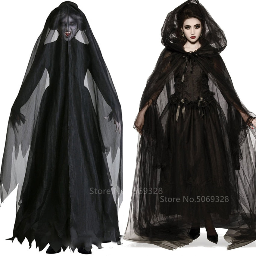 Halloween Kukombo Witch Women Scary Zombie Vampire Halloween Costume Horror Spooky Ghost Sexy Dress+Colak Medieval Hooded Cape Day Of The Dead