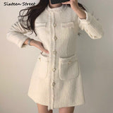 Kukombo Vintage Beige Tweed Dress Woman Single Breasted Elegant Party Mini Dresses Female Autumn Winter Wool Blend Dress Vestidos Mujer