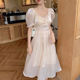 Kukombo 2022 Summer New Dress Women French Sweet Fairy Streamer Chiffon Dress Ladies Korean Elegant Puff Sleeve Long Dresses