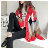 Christmas Gift Plaid Knitted Women Sweater 2021 Winter Fashion V-Neck Single Breasted Female Cardigans Long Sleeve Loose Ladies Sweater
