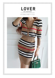 Graduation Gift Big Sale  New Autumn 2 Piece Suit Ladies Winter Knitting Striped Korea Long Sleeve V Neck Tops and Mini Skirt Sexy Set for Women Clothing