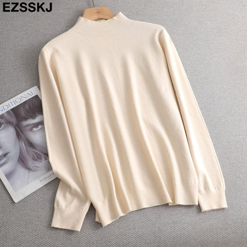 Christmas Gift Basic Loose soft solid color turtleneck Sweater Pullover Women Casual Long Sleeve chic bottom Sweater Female Jumpers top