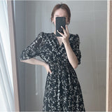 Kukombo Graduation Gift Big Sale  Vintage Korea Fashion Clothing Summer Slim Elastic Waist A Line V Neck Elegant Office Lady Floral Chic Chiffon Long Dress Retro