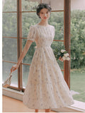 Kukombo Summer Short Sleeve Chiffon Fairy Dress Women 2022 Round Neck Elegant Beaded Backless Sexy Print Lace Puff Sleeve Sweet Vestido