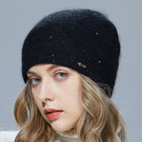 Christmas Gift Women hat  Knitted double layer for warmth Angora wool Front diamond decoration For girl Three-dimensional sewing