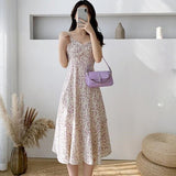 Kukombo Dresses Women Elegant Printing Spaghetti-strap Abdomen High Waist Feminino Vestidos Korean Style Stylish Sweet V-Neck Retro Chic