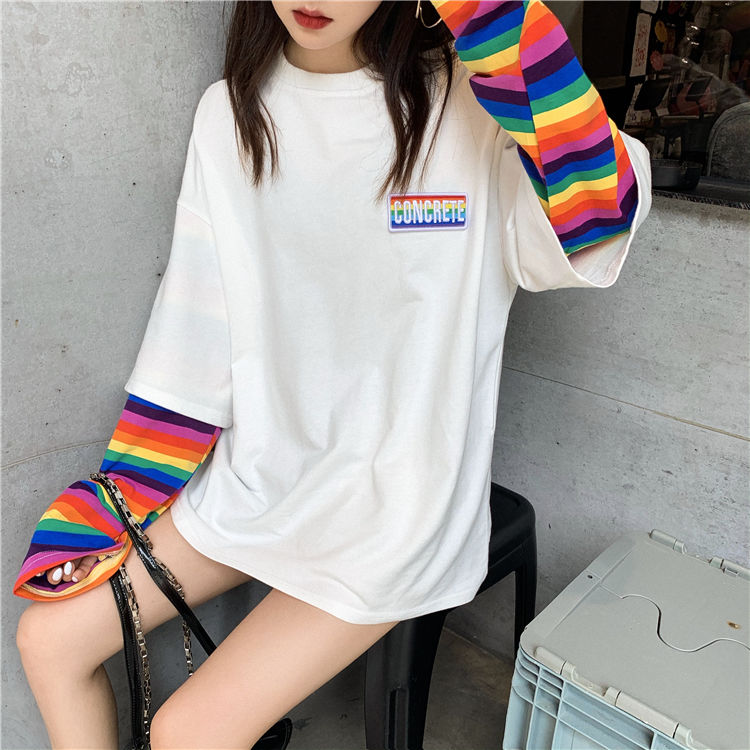 Black Friday Sales Rainbow Sleeve Harajuku T-Shirt Women's Stitching Long Sleeve T-Shirt Stripe Printing O-Neck Chic Tops 2022 Summer Streetwear