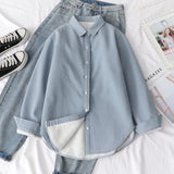 Kukombo Autumn Winter Fleece Shirts Women Solid Color Thick Warm Button Down Blouse Woman Korean Loose Long Sleeve Tops