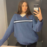 Christmas Gift HEYounGIRL Striped V Neck Oversized Sweater Women Casual Loose Knitted Jumper Ladies Preppy Style Vintage Korean Knitwear Autumn