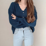 Kukombo Women Sweater V-Neck Pink Cardigan Puff Sleeve Hollow Out Knitted Solid Clothes Fall Fashion New Korean Style Top