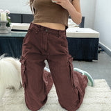 Kukombo Vintage Khaki Wide Leg Cargo Jeans High Waist Big Pockets Baggy Denim Trousers Casual Oversized Pants Street Sweatpants