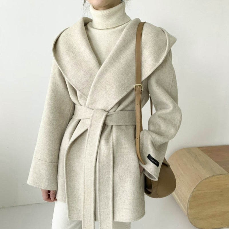 Christmas Gift Women Solid Color Wool Coats With Belt Long Sleeve Hooded Pockets Coats Female Chic Elegant Outerwear