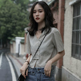 Kukombo Blouses Women Shirts V-Neck Plaid Summer Buttons Sweet Crop Top All-Match Slim Vintage Ulzzang Stylish Elegant Womens Leisure