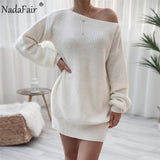 Nadafair Lantern Sleeve Casual Sweater Dress Women Sexy Off The Shoulder Mini Solid  Knitted Dress Winter Long Sleeve White