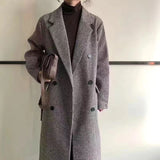 Christmas Gift Woman Long Coat Plaid Striped Woolen Coat Korean Preppy Style Streetwear Commuter Oversize Winter Warmth Women Windbreaker Coat