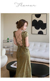 Kukombo Elegant Women Green Satin Backless Mixi Dress Palace Short Sleeve Lace V-Neck Bandage Vintage Bodycon Dress Robe Summer Vestidos