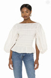 Kukombo Summer Women Blouse Ramie Pleat Neckline Split Lantern Sleeves Full Body Elastic Shirt Top Vintage High Streetwear Top