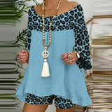 Summer Vintage Leopard Patchwork Outfits Set Cotton Linen Shirt Tops And Loose Shorts Suit Casual 3/4 Sleeve Women Two Piece Set-0406
