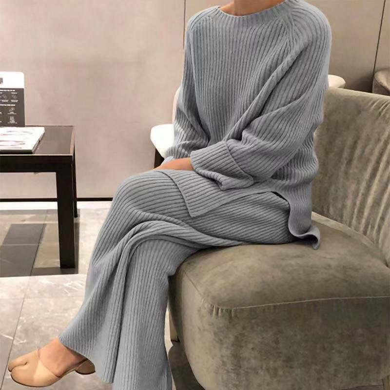 Christmas Gift Women Knitted Tracksuit Autumn Winter O-neck Sweater 2 Piece Set  Fashion Solid Ladies Pullover Tops  Wide Leg Pants Home Suit-1118