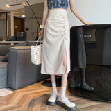 Kukombo Summer Solid Elegant Skirt Women High Waist 2022 Korean Designer Split Casual Skirt Female A-Line Beach Outing Sweet Midi Skirt K90