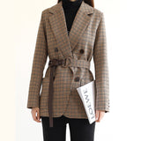 Kukombo Christmas Gift Vintage Houndstooth Winter Thick Women Jacket Blazer Sashes Plaid Female Suit Jacket with belt Long Sleeve blaser