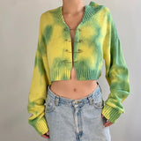 Christmas Gift HEYounGIRL Tie Dye Print Knitted Crop Top Cardigan Women Button Up V Neck Long Sleeve Jumpers Ladies Autumn Long Sleeve Knitwear