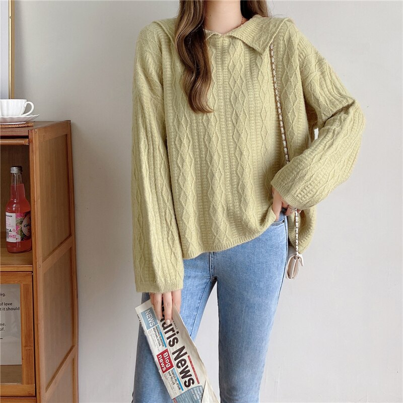 Kukombo Women Sweater Sailor Collar Pullovers  Loose Green Knitted Top Autumn Winter Long Sleeve Ribbed Clothes Korean Casual