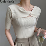 Kukombo New 2022 Women Summer T-Shirt Bottoming Basic Solid Fashionable Knitted Cutout Korean Style Wild Lady Tops-0519
