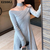 Christmas Gift pure fashion slim a-line Sweater dress Women winter autumn slash neck thick dress 2021 French sweater dress long sleeve